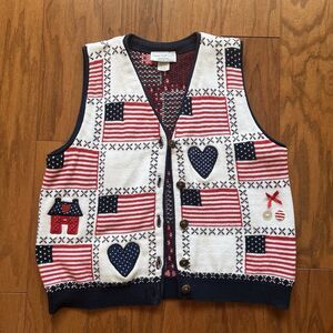 Vintage Sweater Loft USA Flag Patchwork Vest Medium Cottagecore Grandmacore